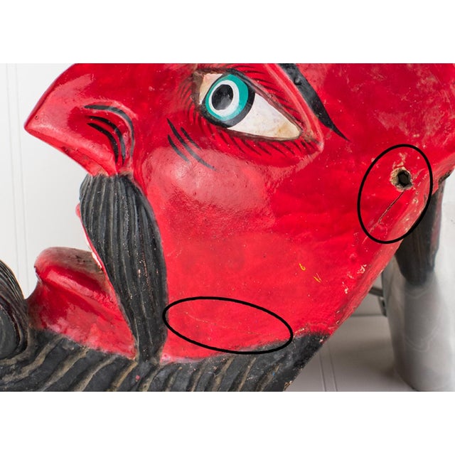 Large Vintage Hand Carved Red Diablo Costume Mask With Beard & Blue Feathers For Sale - Image 10 of 18