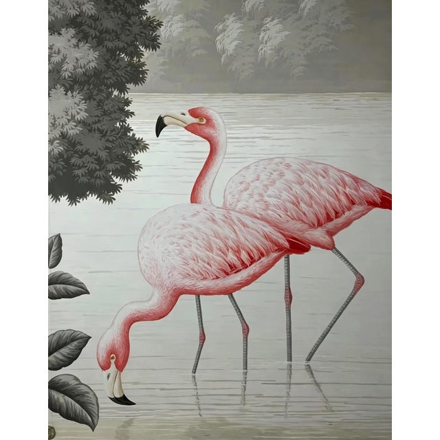 Hand‑Painted Panoramic Flamingo Chinoiserie Wall Mural For Sale - Image 4 of 7