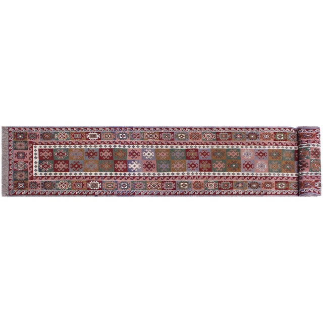 Rustic Rustic Soumak Red/Gray Wool Runner Rug- 2'4'' X 11'7'' For Sale - Image 3 of 10