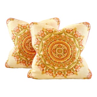 Designer Richloom Cream Green Orange Pink Botanical Floral Geometric Circle Medallion Suzani Pillow Covers- 20" Pair For Sale
