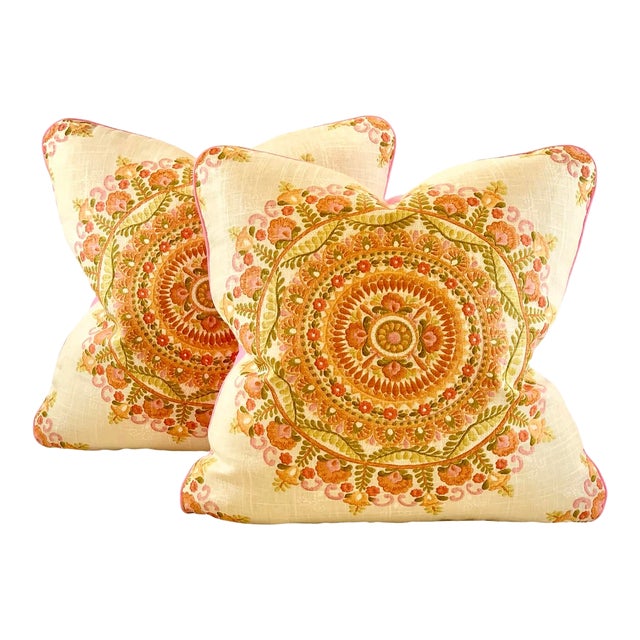 Designer Richloom Cream Green Orange Pink Botanical Floral Geometric Circle Medallion Suzani Pillow Covers- 20" Pair For Sale
