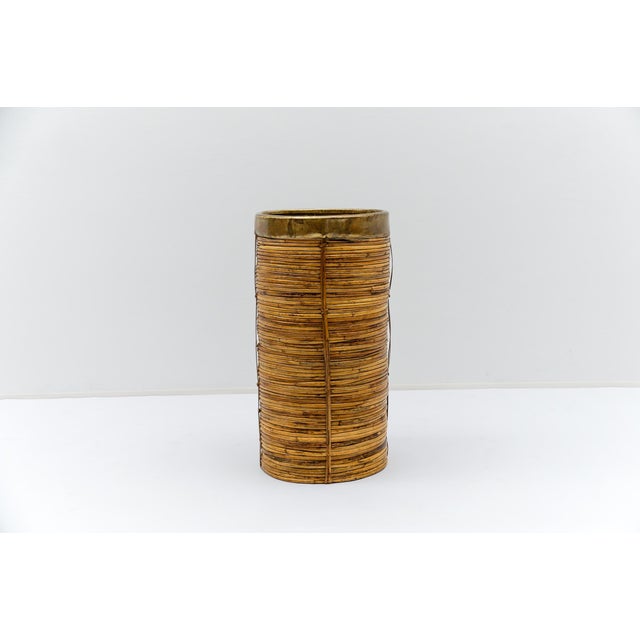 Lovely Rattan and Brass Umbrella Stand, 1970s Italy
