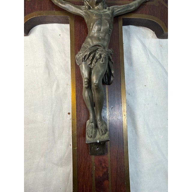 Antique 1800's French Bronze Patinated Metal Inlaid Wood Wall Crucifix Cross For Sale - Image 10 of 12
