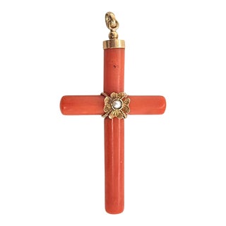 Late 19th Century Victorian Coral Cross Pendant With 18k Gold Mounts and Seed Pearl For Sale