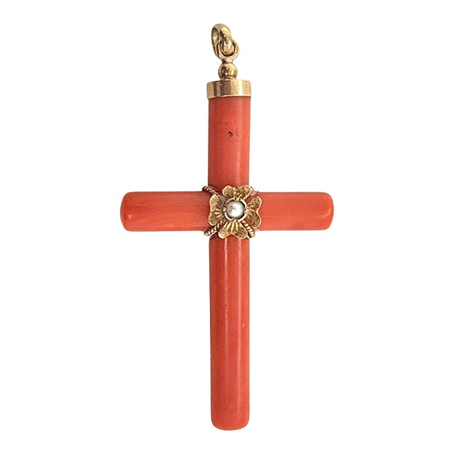 Late 19th Century Victorian Coral Cross Pendant With 18k Gold Mounts and Seed Pearl For Sale