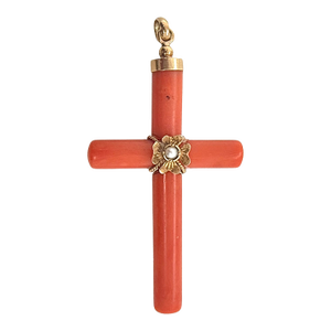 Late 19th Century Victorian Coral Cross Pendant With 18k Gold Mounts and Seed Pearl