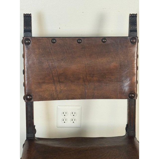 Set of Six Spanish Revival Leather and Carved Wood Armchairs For Sale - Image 12 of 17