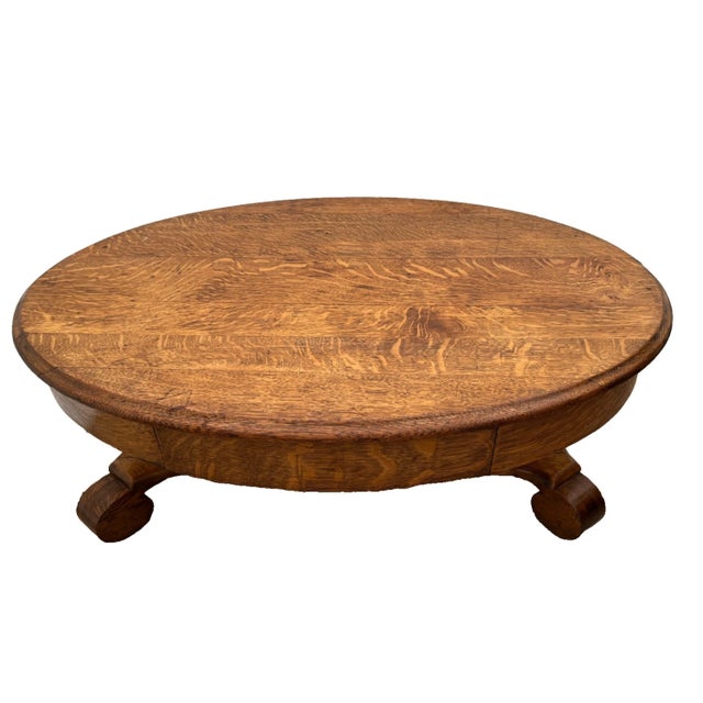Traditional Antique Oval Coffee Table, Tiger Oak, Drawer, Shelf, Petite Size, Empire Style For Sale - Image 3 of 11