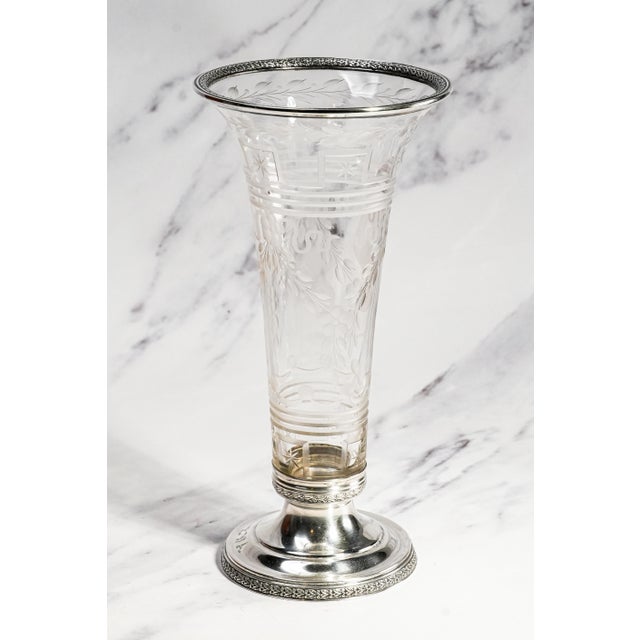 Stunning Antique Etched Glass Vase With Sterling Silver Rim & Pedestal Base Floral Trumpet Vase Luxury Home Decor For Sale - Image 13 of 18