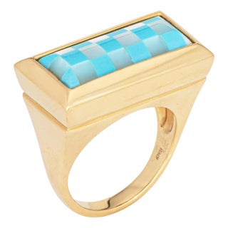 Checkerboard Ring Inlaid Turquoise Mop 18k Yellow Gold Size 7 Estate Jewelry For Sale