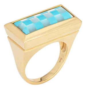 Checkerboard Ring Inlaid Turquoise Mop 18k Yellow Gold Size 7 Estate Jewelry