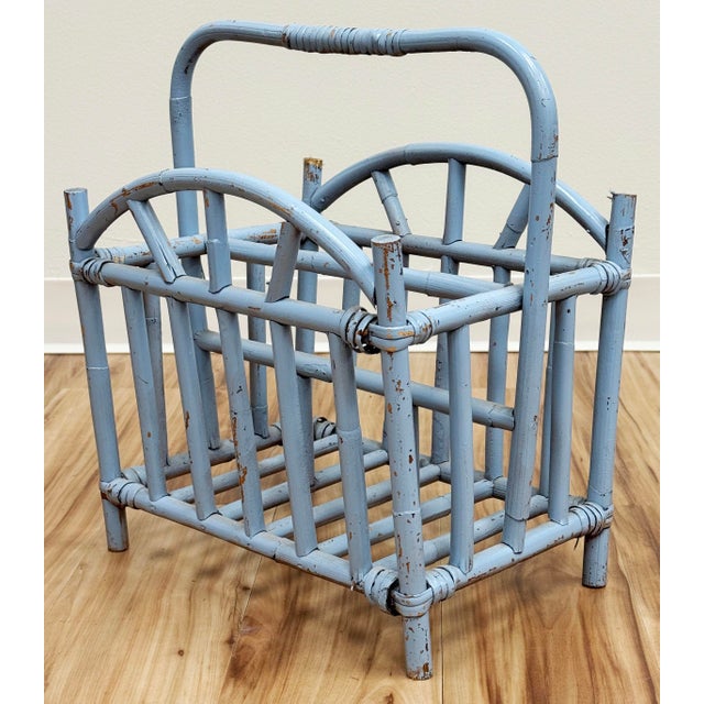 Vintage Periwinkle Blue Rattan Magazine Rack For Sale In Kansas City - Image 6 of 12