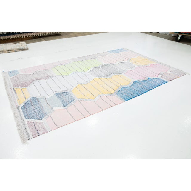 Contemporary Multicolored Kilim Wool Rug With Geometric Design For Sale - Image 4 of 10