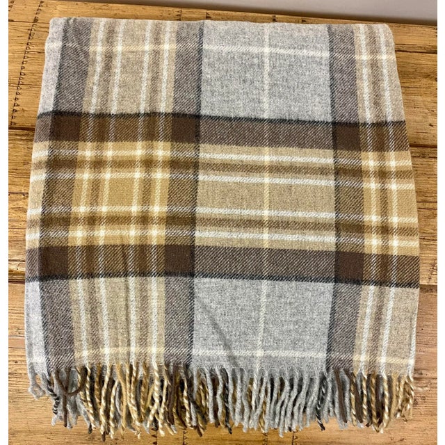 Super Soft Merino Lambswool Throw in a Classic Tan and Gray Plaid Pattern -Made in England For Sale - Image 4 of 11