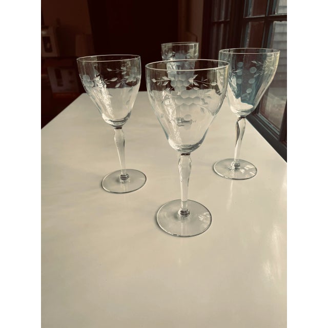 Glass Vintage Floral Etched Clear Wine Glasses Set of 4 For Sale - Image 7 of 7