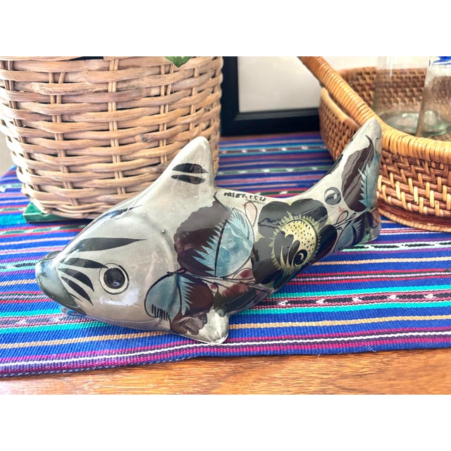 This midcentury Mexican fish sculpture is the traditional pottery of the Tonala region. Handcrafted of burnished clay and...