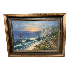 Antique Coastal Seascape Oil Painting on Canvas