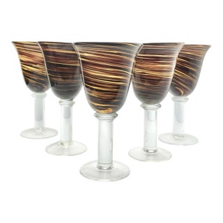 5 Handblown Murano-Style Brown Amber Swirl Water or Wine Goblets For Sale