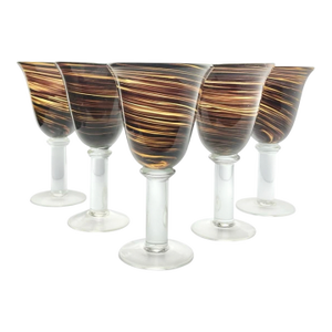 5 Handblown Murano-Style Brown Amber Swirl Water or Wine Goblets