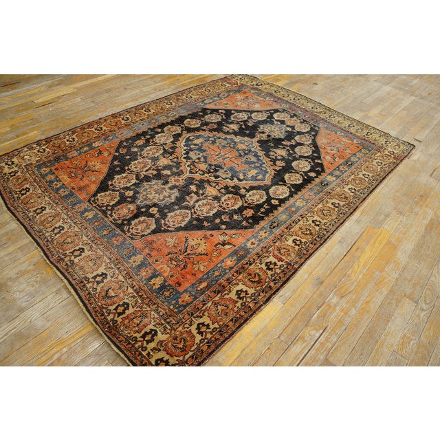 Tribal 1900s S. Black Salmon Medallion Tribal Antique Persian Ghashgaie Rug 5'2" X 7'4" Knotted Pile Wool Carpet For Sale - Image 3 of 11