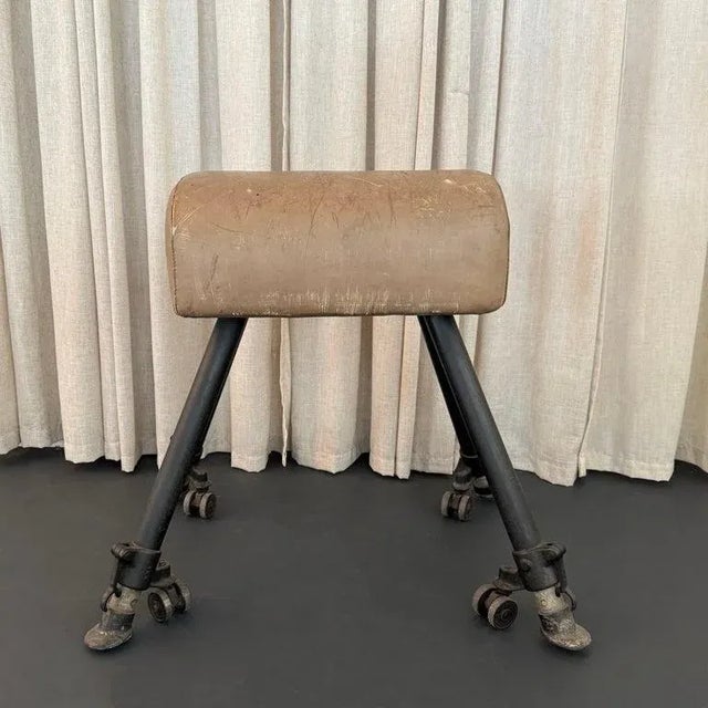 Industrial Antique Leather and Cast Iron Adjustable Gymnasium Pommel Horse For Sale - Image 3 of 11