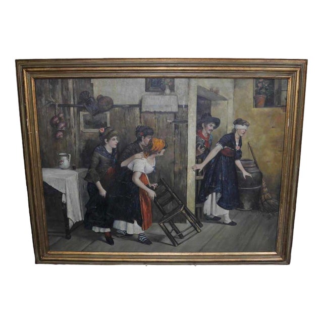 Spanish Artist, Blindfold Scene, 1980s, Large Oil on Canvas, Framed For Sale