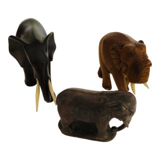 Vintage Wood and Soap Stone Elephant Figurines S/3 For Sale