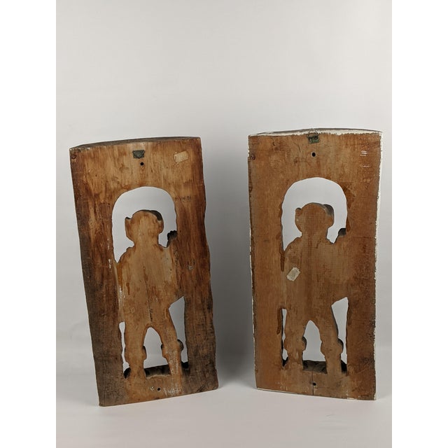 Pair of Mid-Century European Hand-Carved Wood Watchman Figural Relief Panels, Brown For Sale - Image 12 of 12