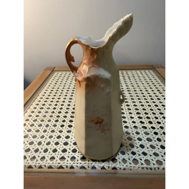 Traditional Hand-Painted Porcelain Ewer With Floral Motifs and Gold Gilding For Sale - Image 3 of 5