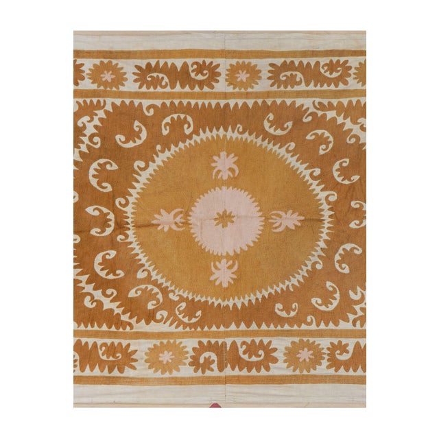 Caramel Toned Suzani Throw Blanket | Hand Embroidered Boho Wall Art 4'4'' X 5'2'' For Sale In New York - Image 6 of 14