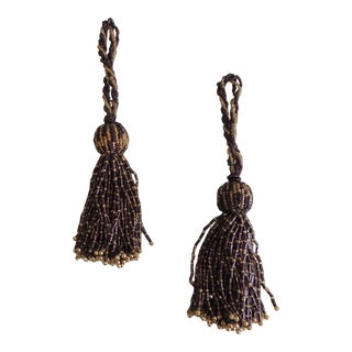 Gold & Brown Glass Beads Small Key Tassels - Set of 2 For Sale