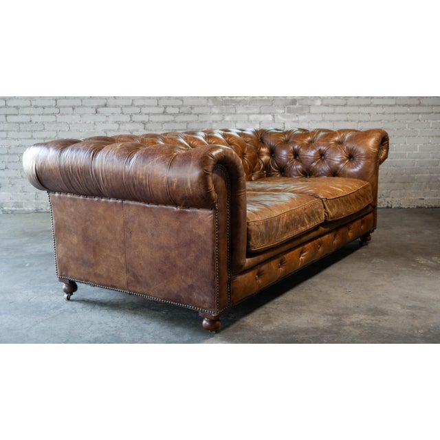 Restoration Hardware Distressed Cigar Leather Kensington Luxe Sofa For Sale - Image 11 of 17