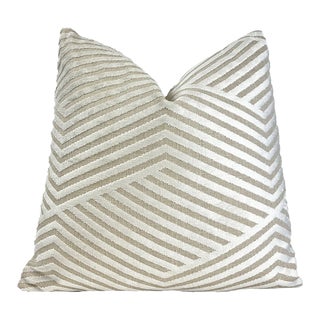 Cream Beige Alternative Stripe Velvet Throw Pillow With Feather Down Insert For Sale