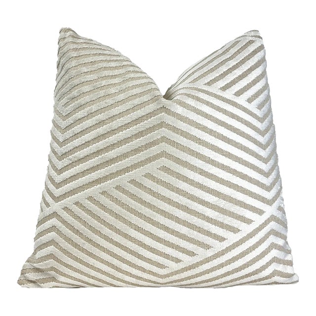 Cream Beige Alternative Stripe Velvet Throw Pillow With Feather Down Insert For Sale