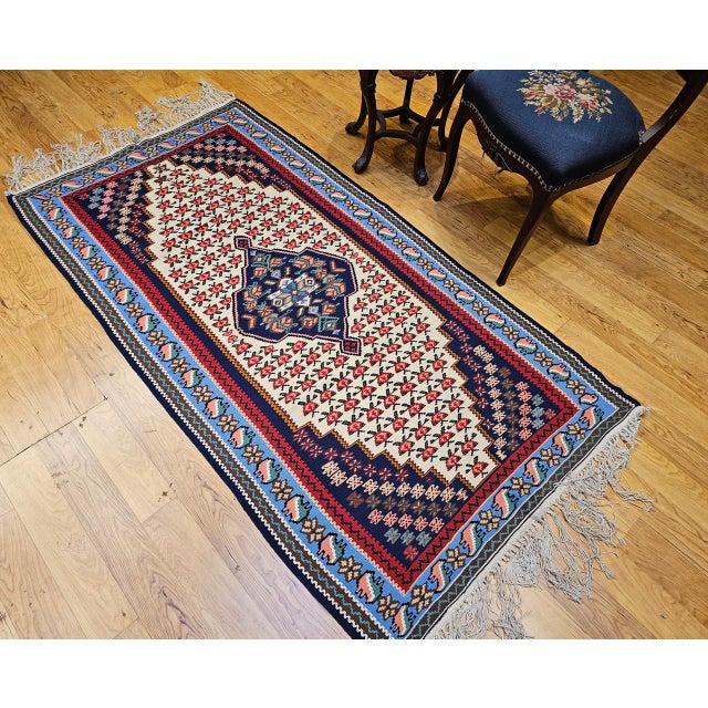 Vintage Persian Senneh Kilim Area Rug, Handwoven Wool, Floral Pattern, Ivory & Blue, 3x6 For Sale - Image 14 of 15