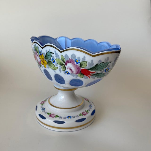 Vintage Moser Glass Oval Bowl: Cut-to-Clear, White With Blue Overlay, Hand Painted Florals For Sale - Image 6 of 16