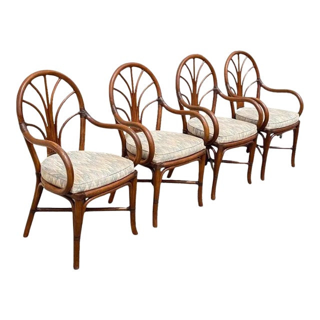 Late 20th Century Vintage Bentwood Rattan Hollywood Regency Fan Back Dining Chairs - Set of 4 For Sale