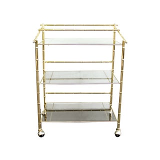 Brass Three Tier Faux Bamboo Wheeled Bar Cart For Sale