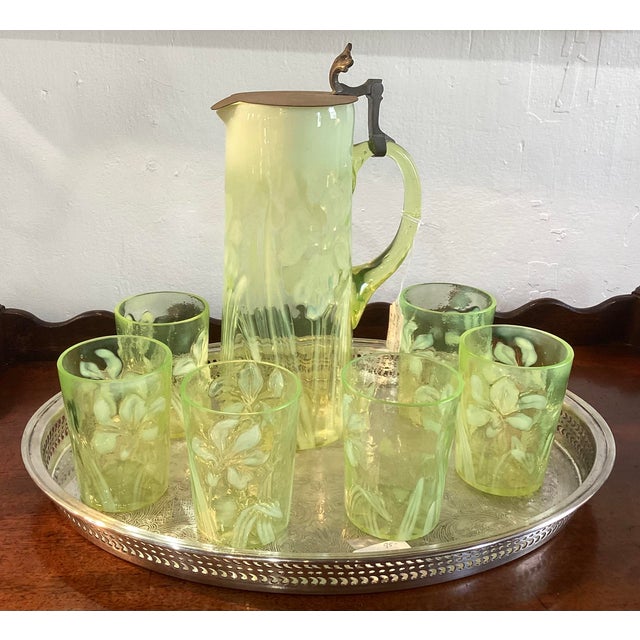 Early 20th Century Rare Northwood Opalescent Daffodil Uranium Glass Pitcher & Six Glasses Water Lemonade Set For Sale - Image 9 of 10