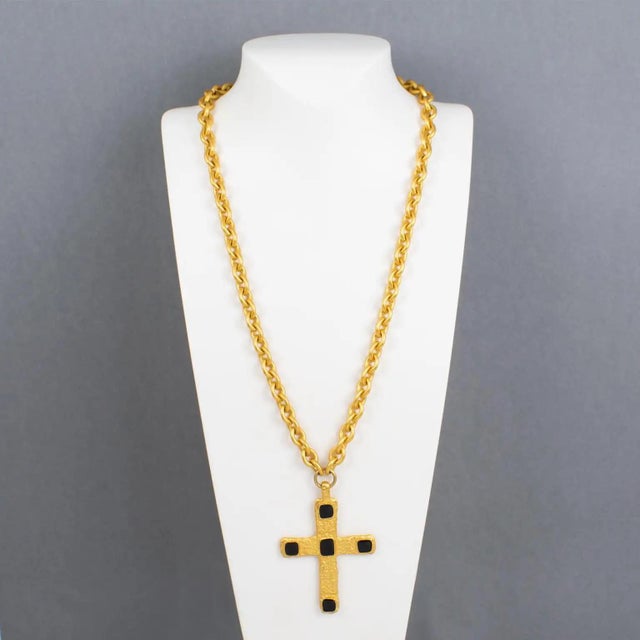 Contemporary Jean Louis Scherrer Paris Gilded Metal and Black Enamel Cross Pendant Necklace For Sale - Image 3 of 11
