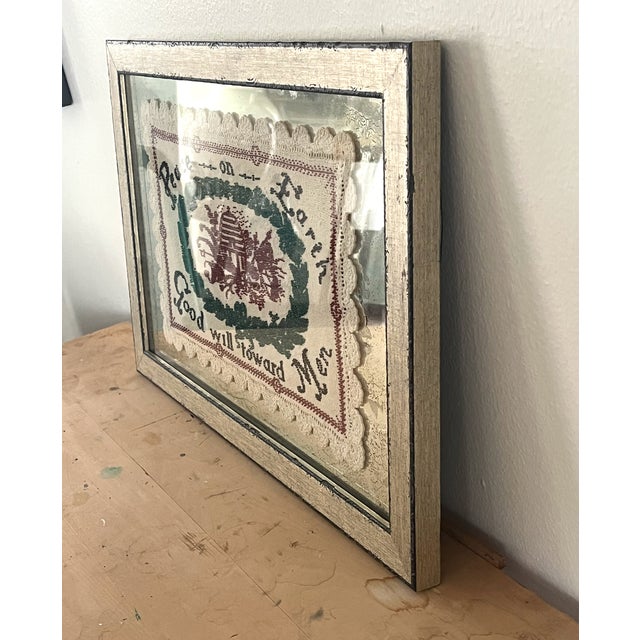 Antique Beaded Holiday Peace on Earth Framed Crochet Linen For Sale - Image 10 of 11