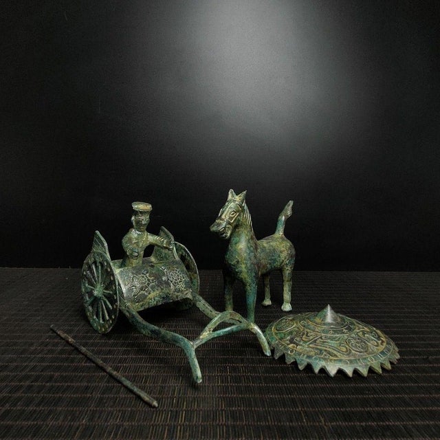 Late 20th Century Chinese Bronze Horse & Chariot Sculpture With Verdigris Patina For Sale - Image 5 of 9