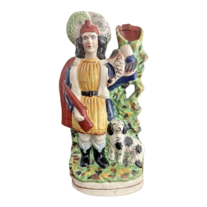 Antique English Victorian Staffordshire Flat Back Hunter and Dog Spill Vase