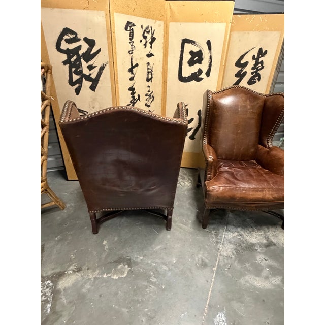 Vintage Barclay-Butera Brown Leather Wingback Chairs With Brass Nailhead Trim, a Pair For Sale In Los Angeles - Image 6 of 12