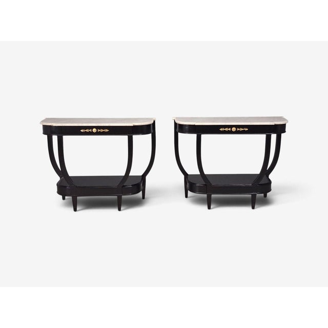 Hollywood Regency Louis XVI Style, Console Tables, Ebonized Wood, Bronze, Marble, France, 20th C. For Sale - Image 3 of 16
