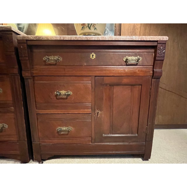 Victorian Antique 19th Century Marble Top Commode and Matching Dry Sink Cabinet B2 Piece Set For Sale - Image 3 of 16
