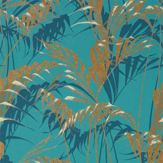 Sanderson Palm House Wallpaper in Teal/Gold For Sale