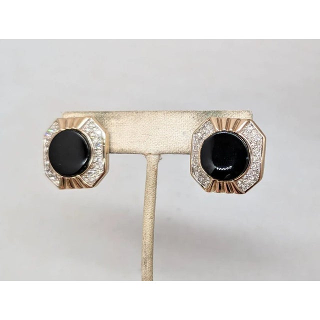 Vintage 1980s Signed Panetta Goldtone Faux-Onyx & Pavé Clear Rhinestone Pierced Earrings-2 Pieces For Sale - Image 4 of 6