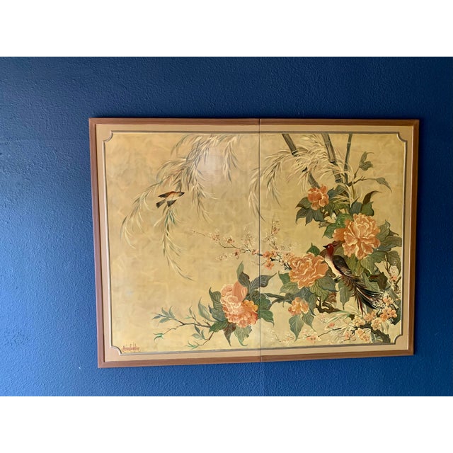 Gold 1960s Lucien Leinfelder Two Panel Hand Painted Screen For Sale - Image 8 of 17