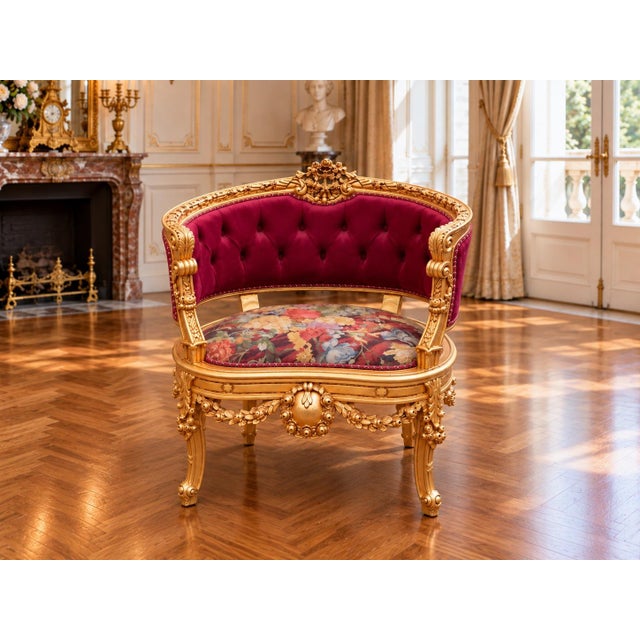1970 French Artisan Louis XVI Gold Burgundy Sofa Set-3 Pc For Sale - Image 16 of 18
